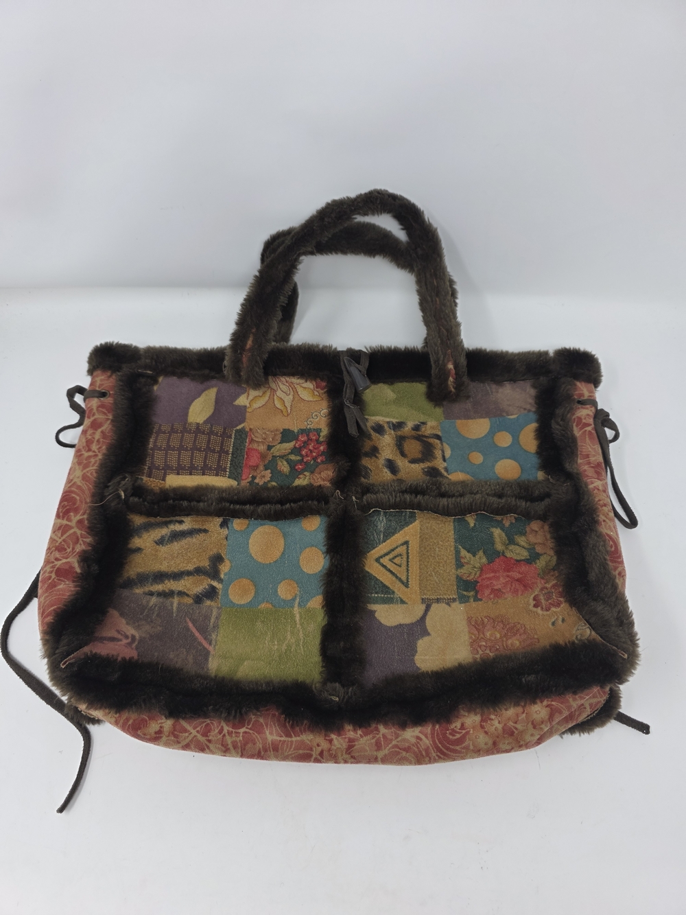 Vintage Y2K Lapis Patchwork Faux Fur Sherpa Tote Bag Tapestry Floral Animal